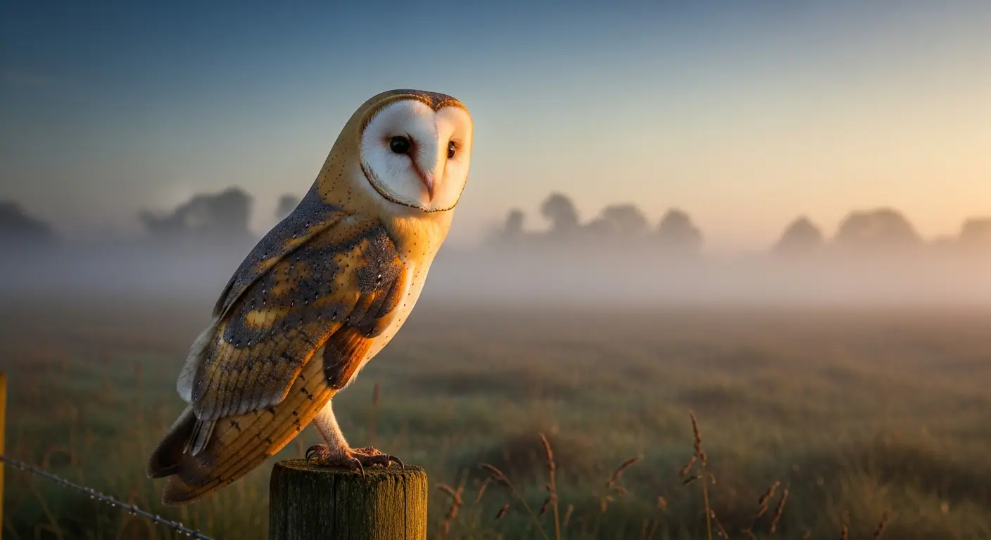 Barn owl perched on a wooden post in a misty Irish meadow at dusk