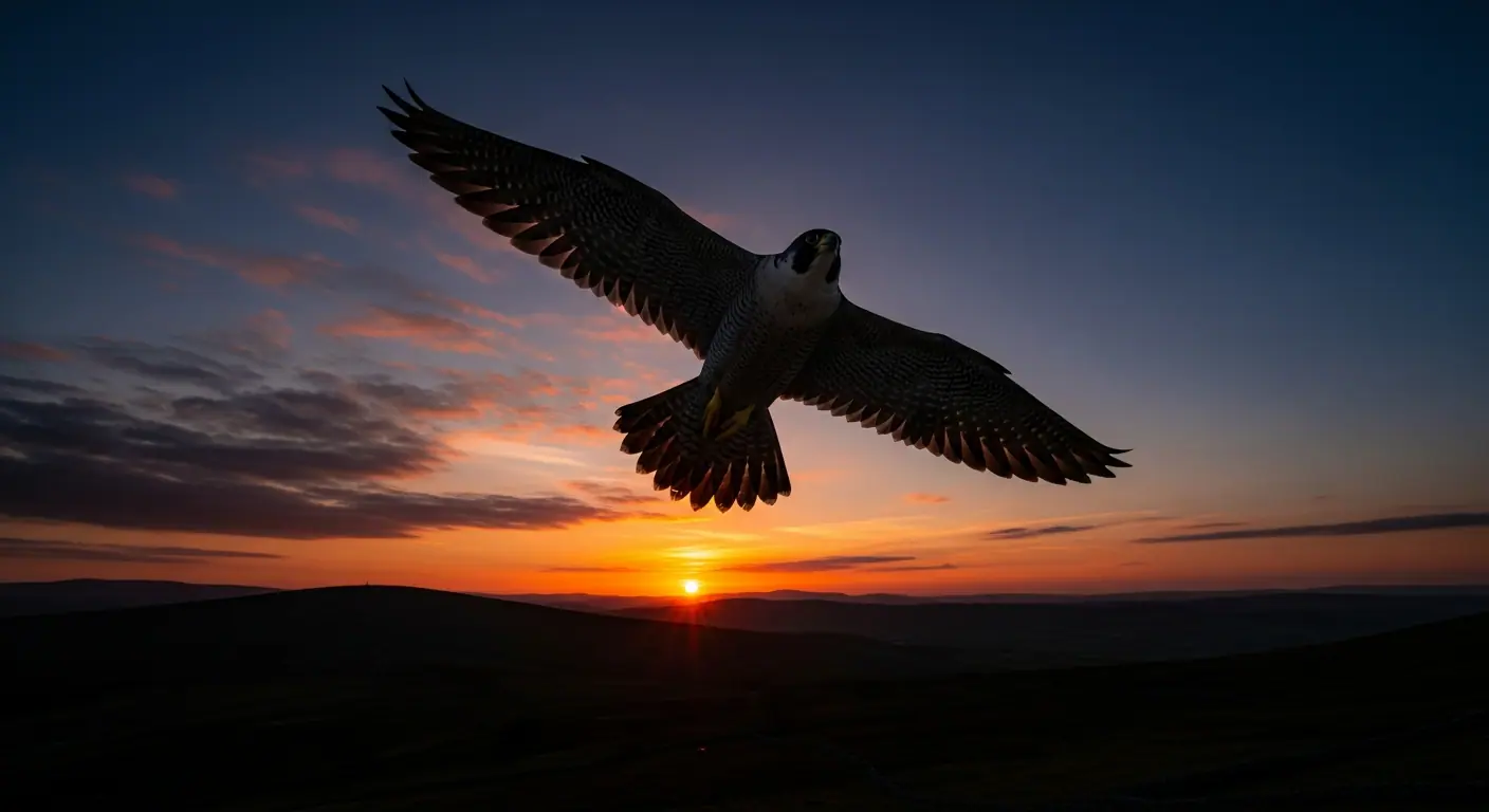 Peregrine falcon soaring above the Irish landscape at dusk