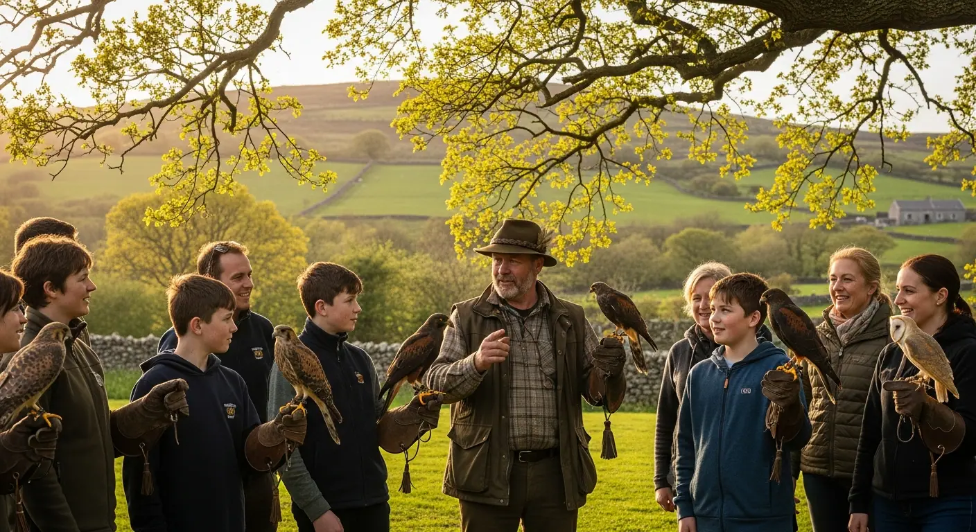 Group of visitors enjoying a private falconry session in Ireland