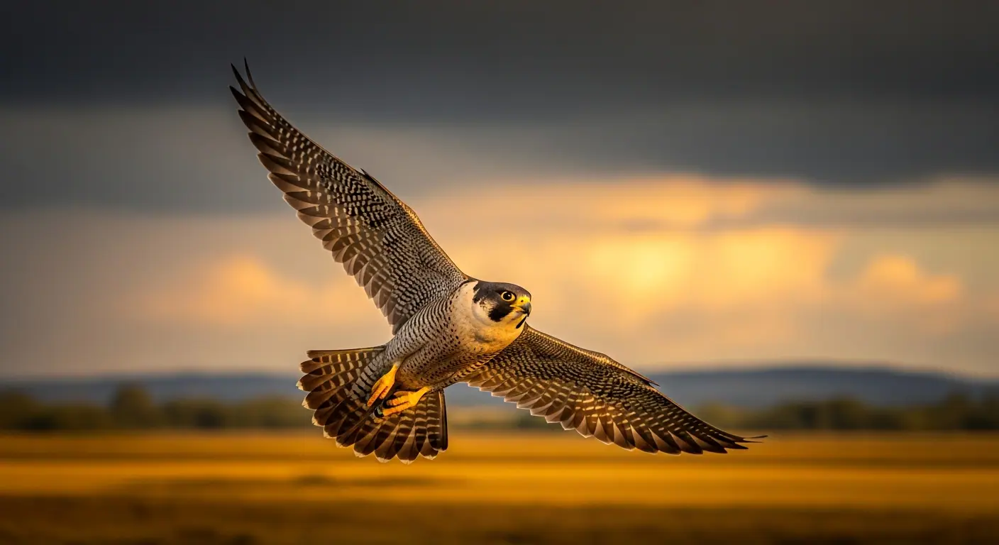 Peregrine falcon in dramatic flight over the Irish landscape