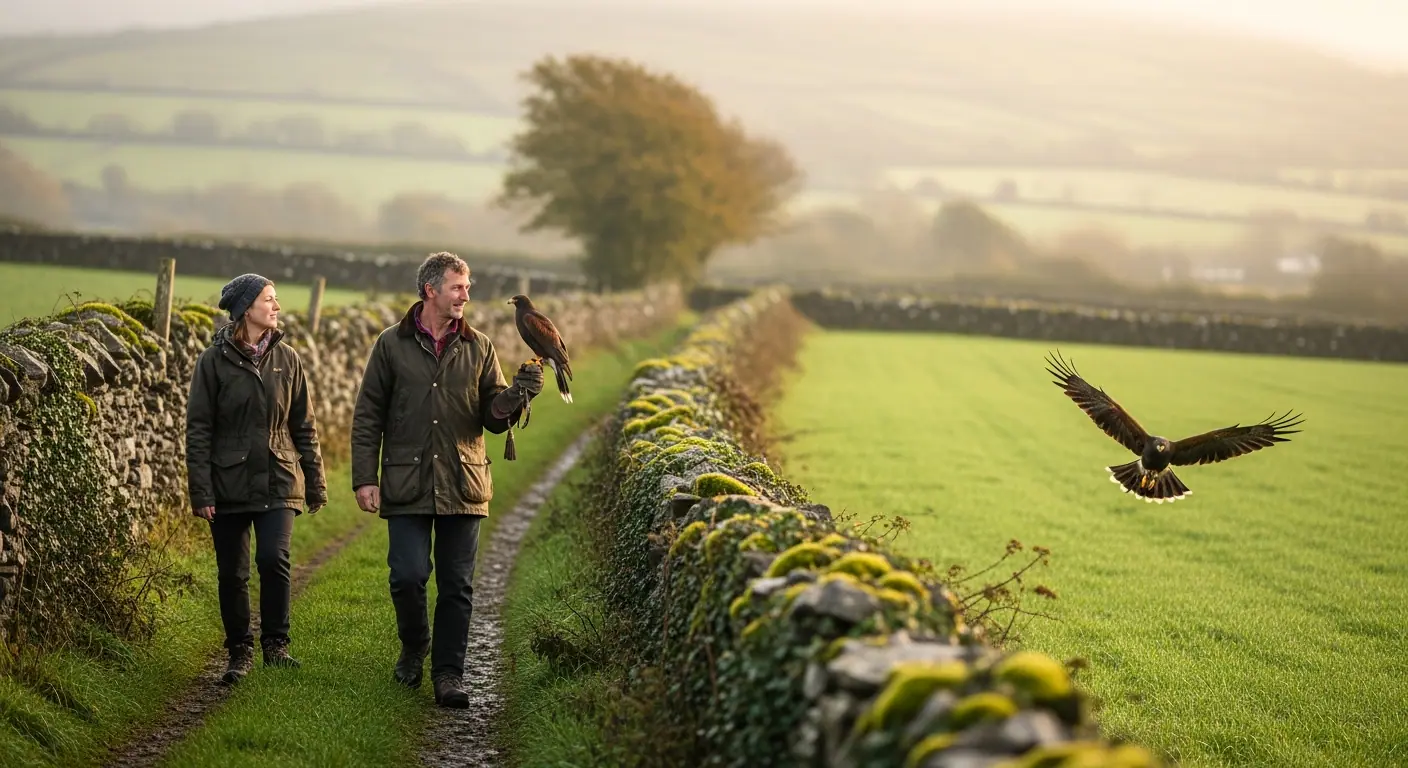 Falconer and guest walking through an Irish landscape with a hawk in flight