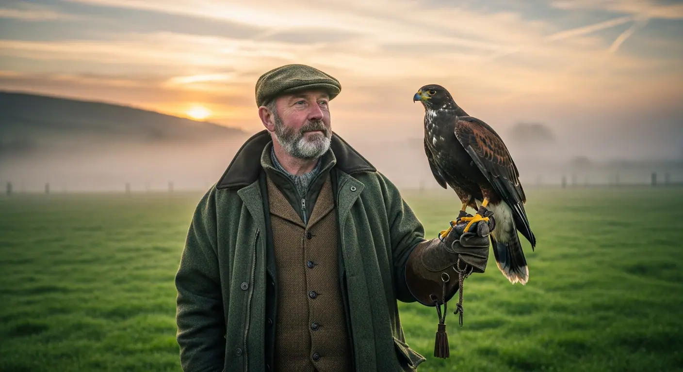 A falconer with a hawk perched on their gloved hand in an Irish field
