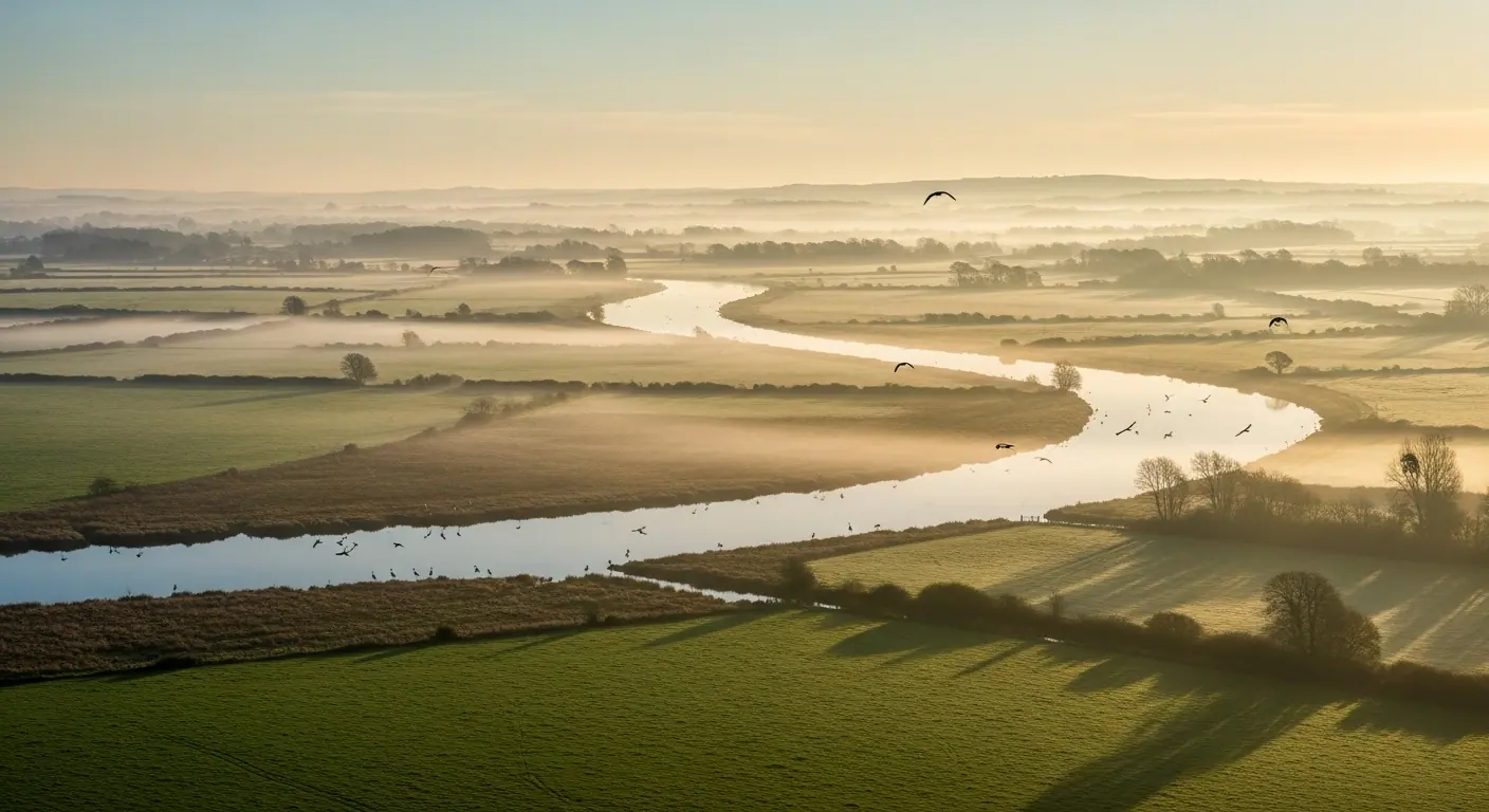 Aerial view of the Shannon Callows landscape in Co. Offaly with river and green pastures