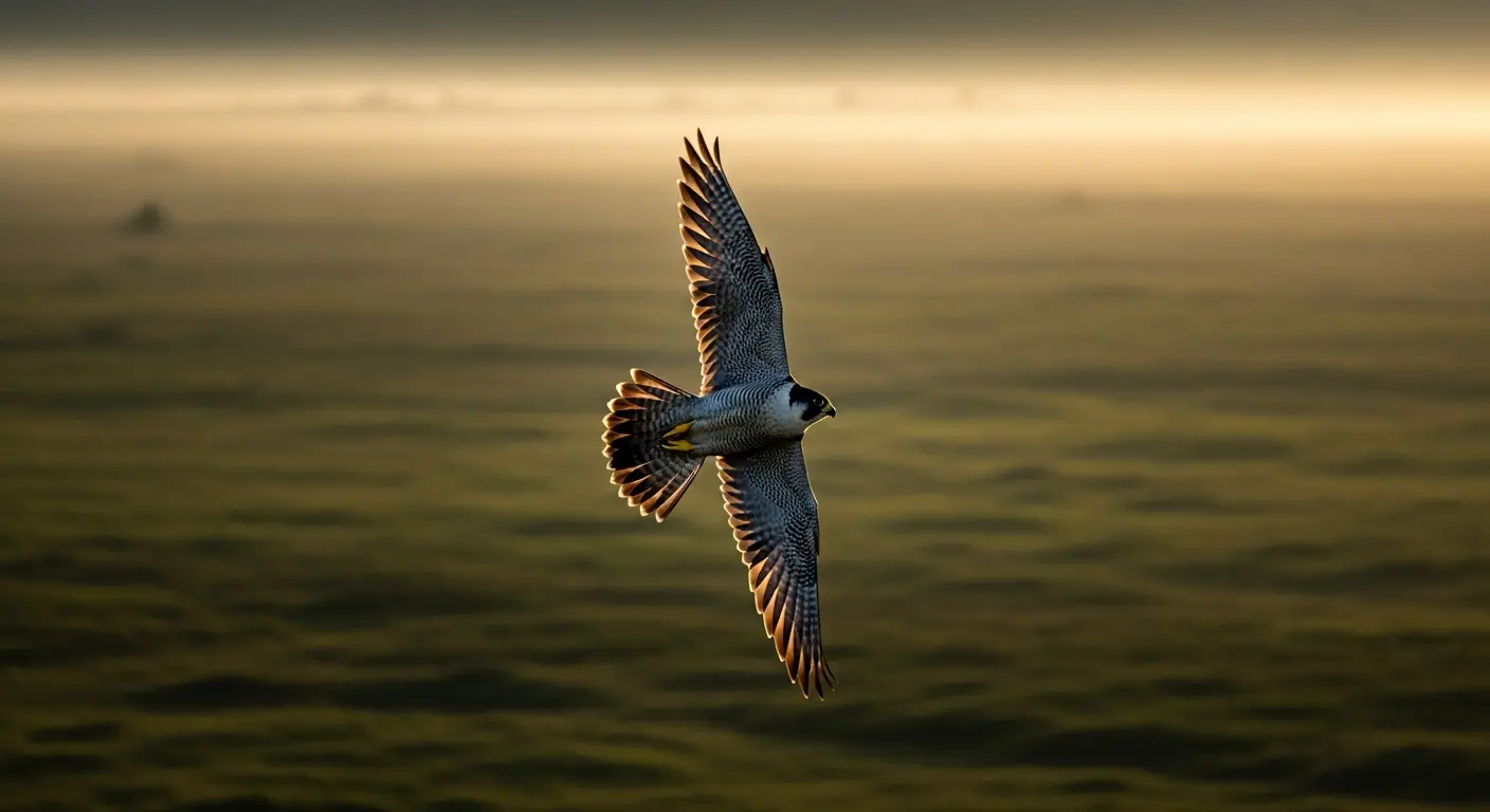 A peregrine falcon soaring over the Irish landscape