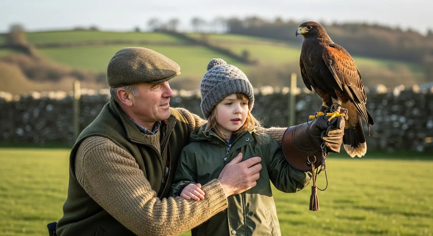 Experienced falconer teaching a child to hold a hawk on a leather glove