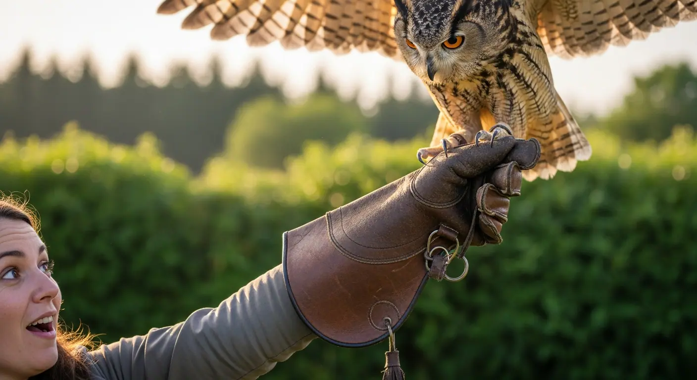 Beginner experiencing a hawk landing on their gloved hand for the first time