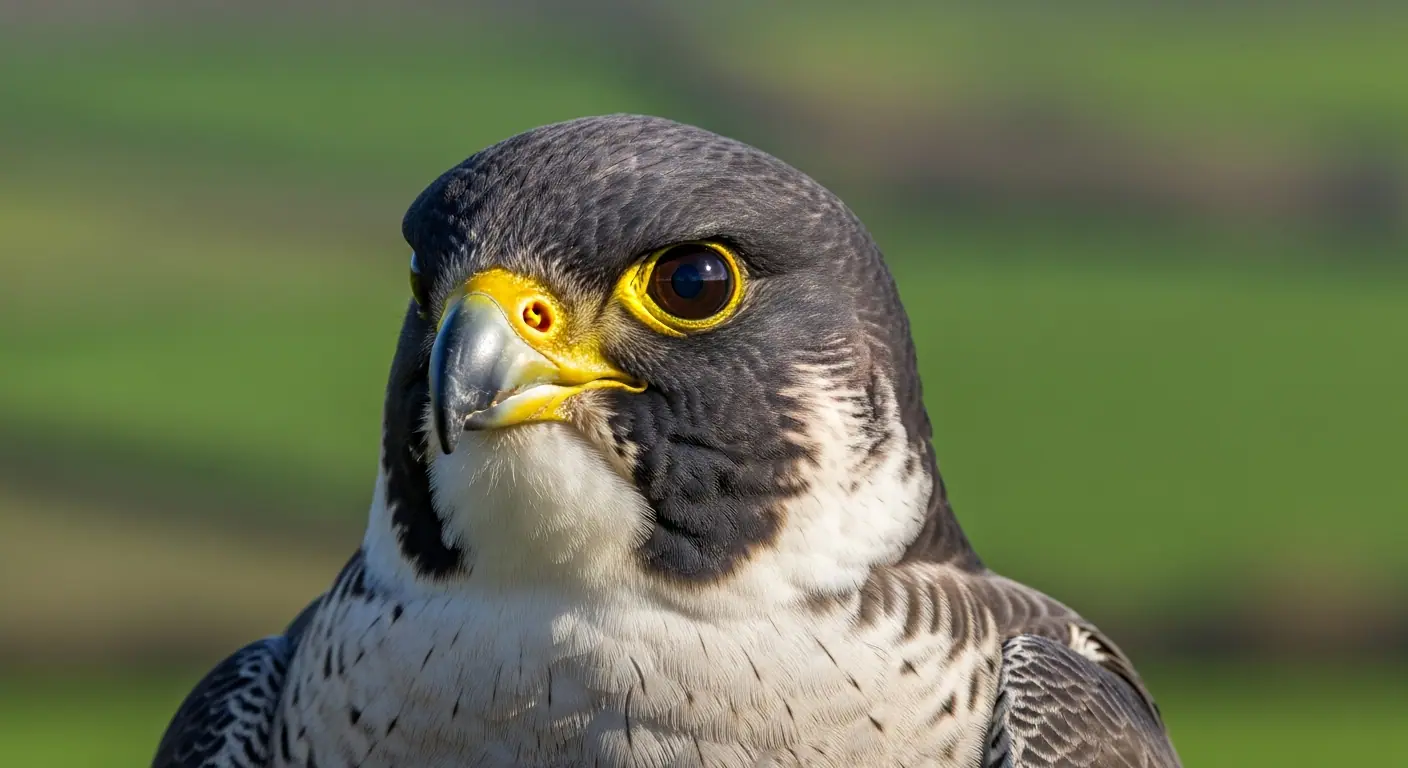 Close-up portrait of a peregrine falcon with intense golden eyes