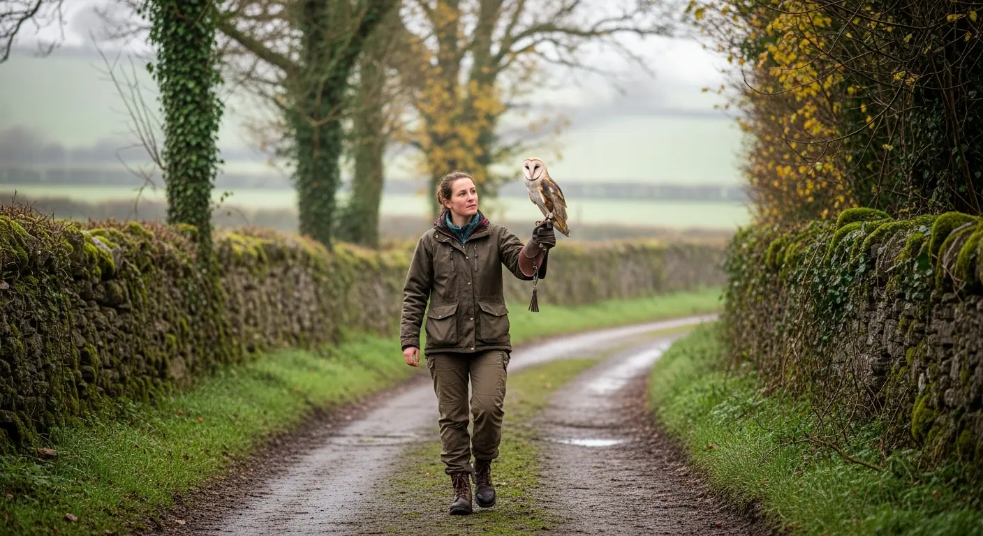 Female falconer walking a rural Irish lane with a barn owl on her glove