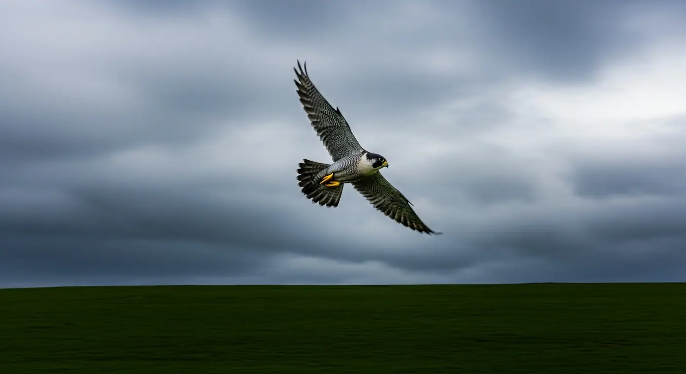 Peregrine falcon diving against a dramatic Irish sky