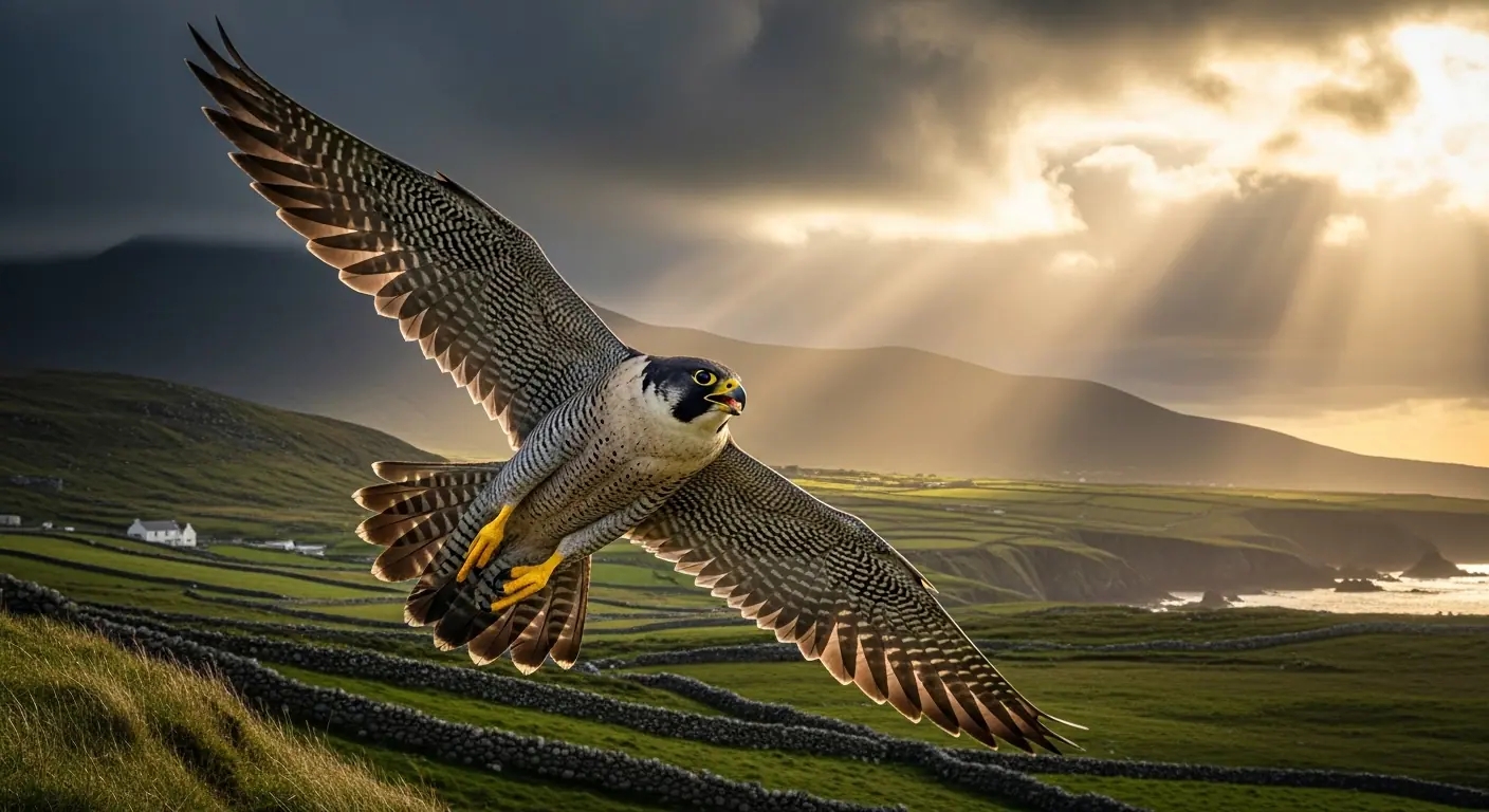 Peregrine falcon in dramatic mid-flight over the Irish countryside