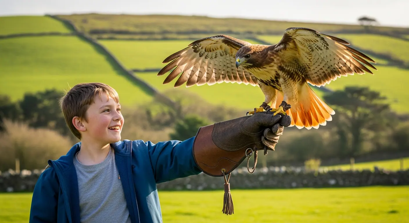Young visitor experiencing a hawk landing on their glove during a heritage walk