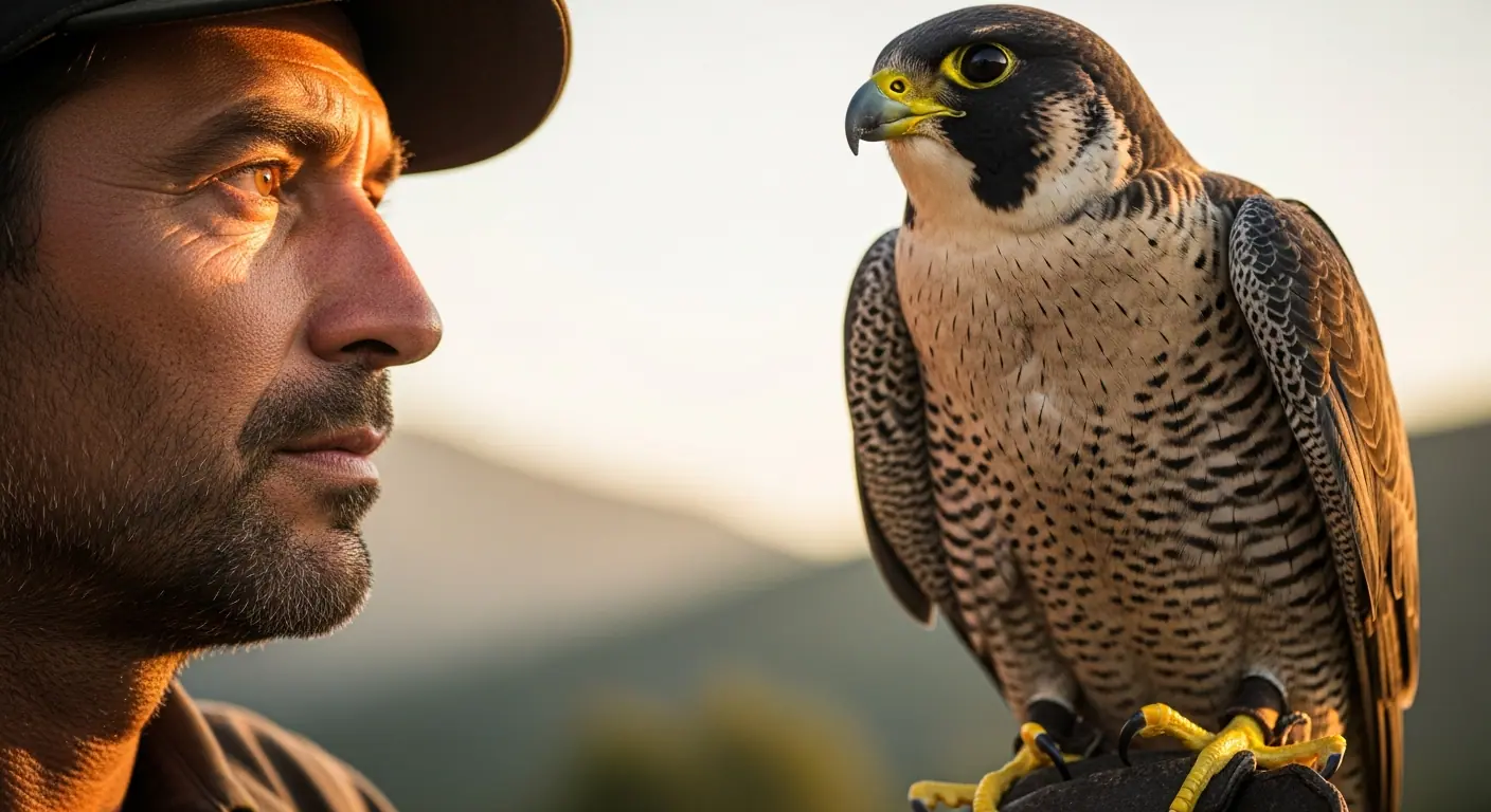 Harris hawk perched on a traditional falconer's leather glove