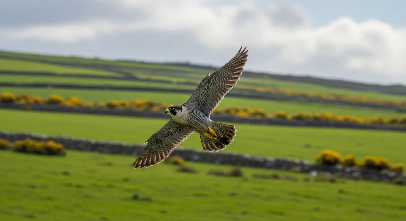 Peregrine falcon in full flight over an Irish field