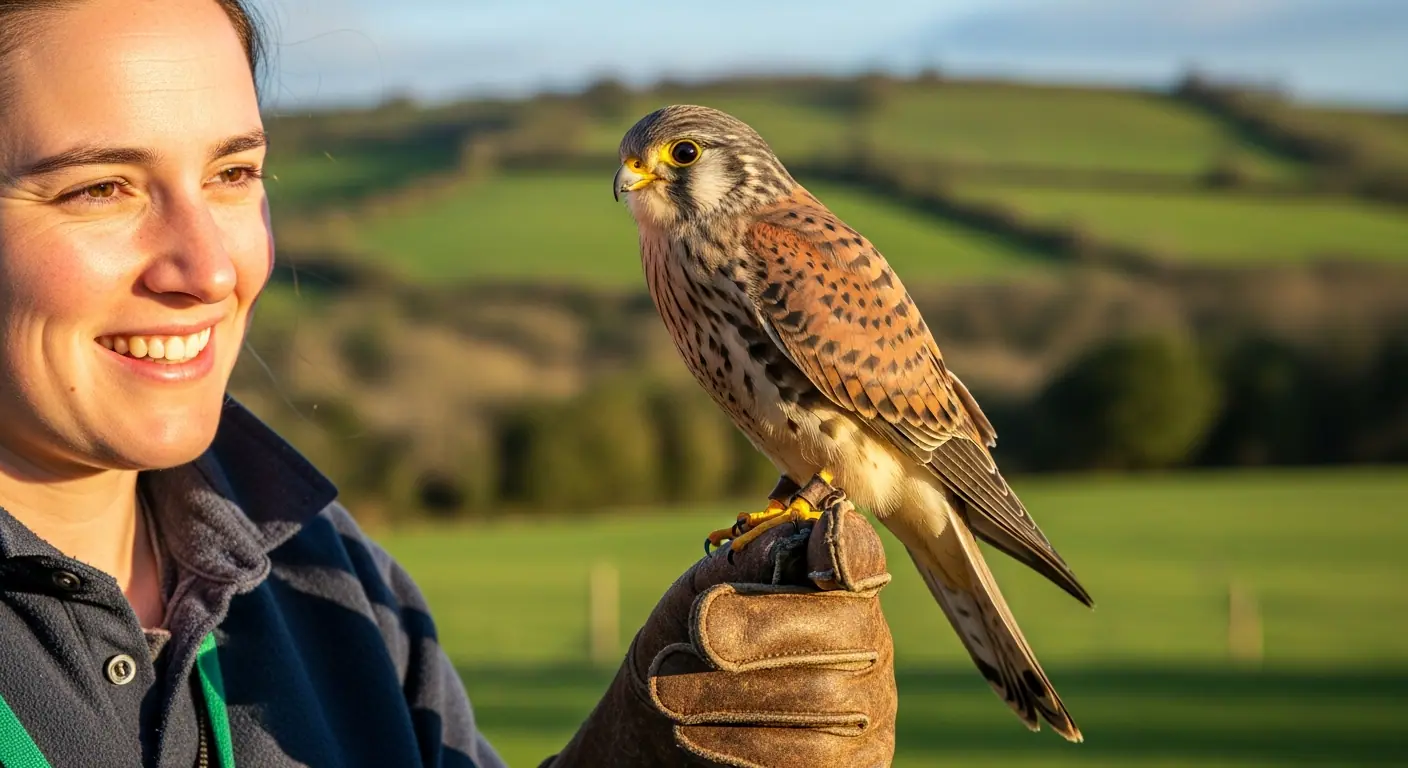 A beginner visitor with a kestrel on their gloved hand