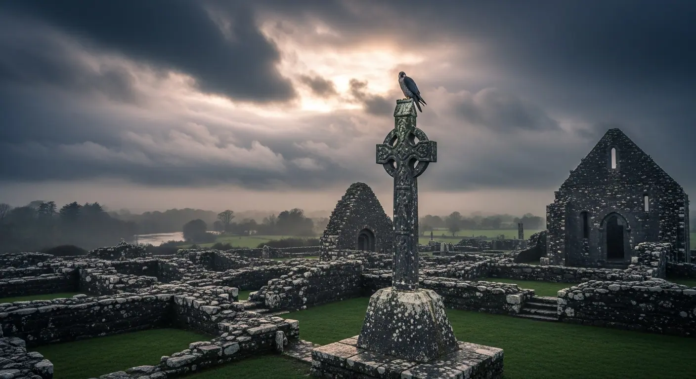 Ancient Clonmacnoise monastic ruins with a falcon perched on a Celtic high cross