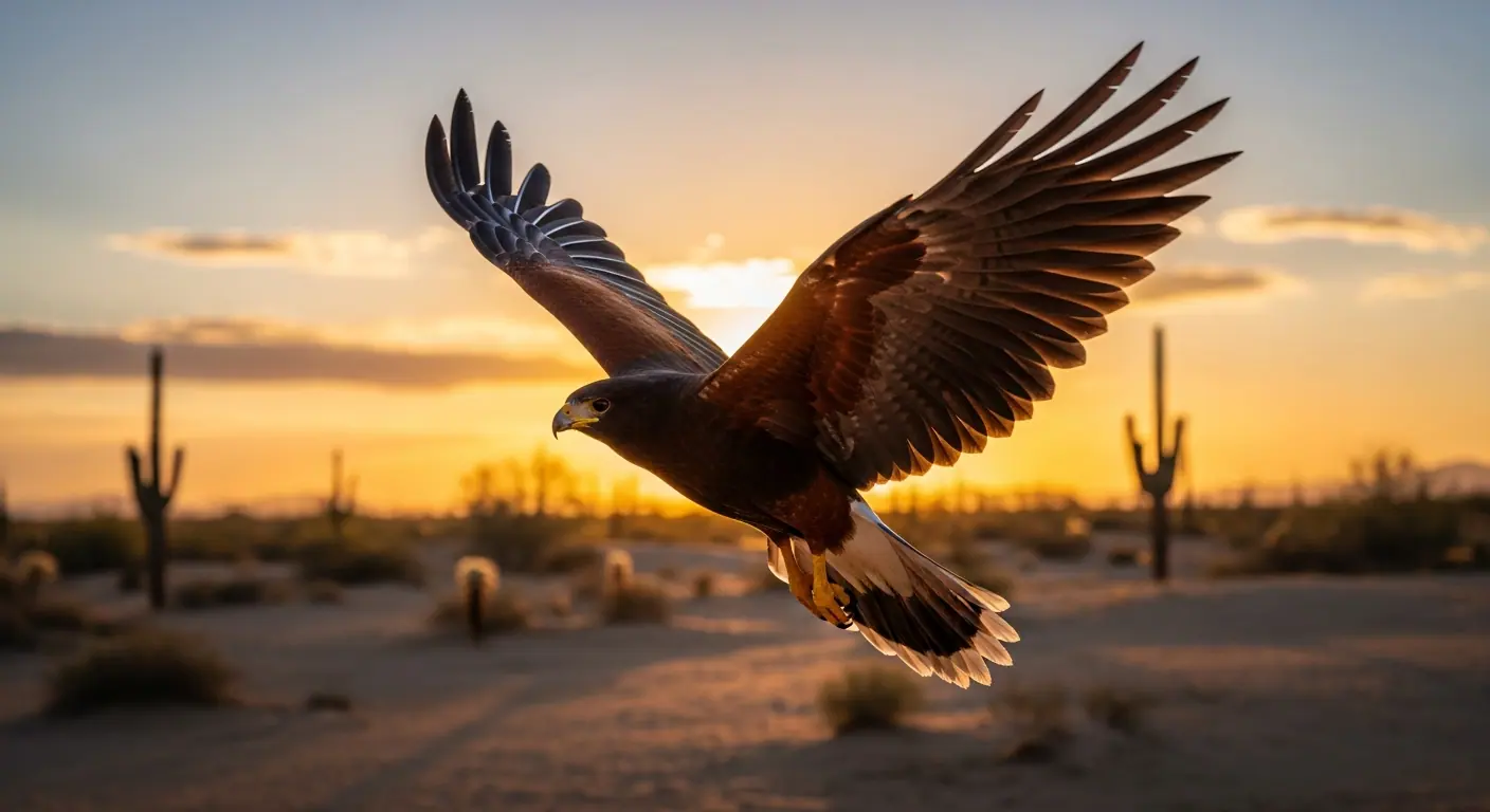 A Harris's hawk perched on a post