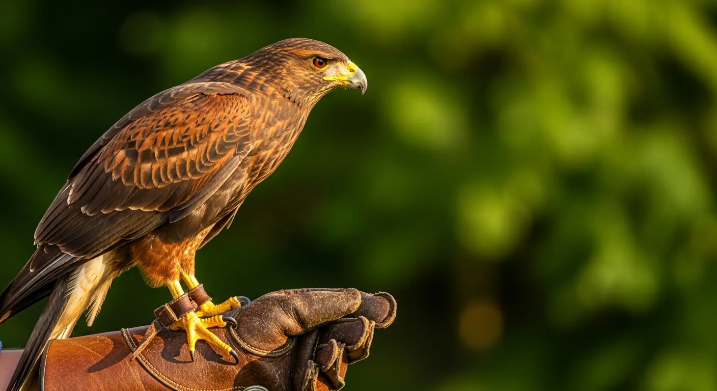 Harris hawk perched on a traditional leather falconry glove