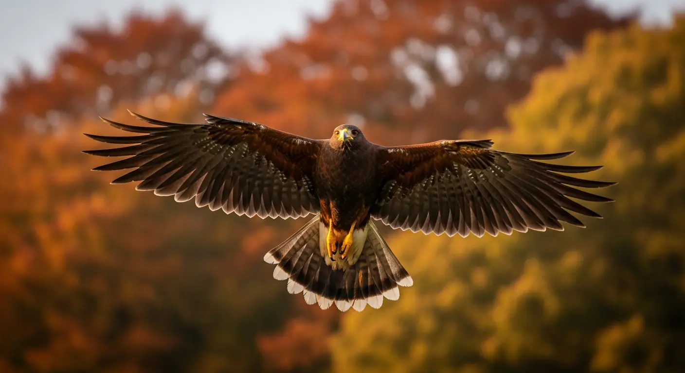Harris hawk in full flight above Irish woodland