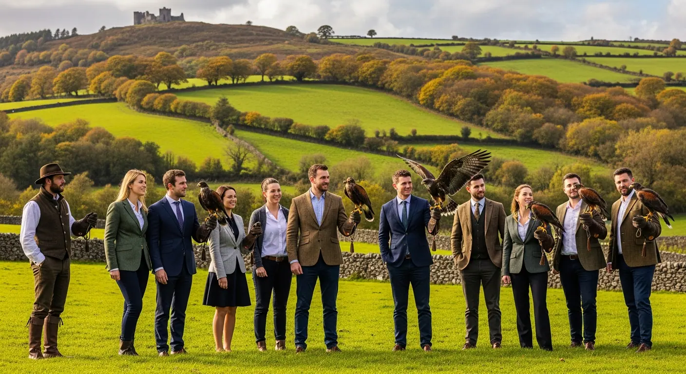 Corporate group participating in a falconry team-building event in Ireland