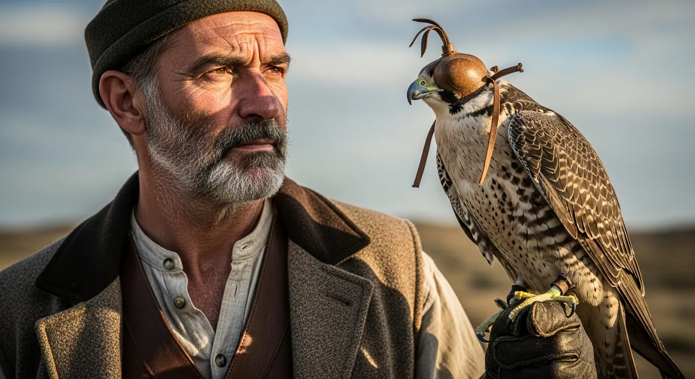 A falconer's leather glove held up against the Irish countryside
