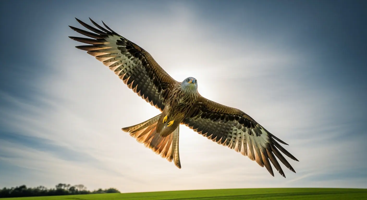 A red kite soaring with its forked tail spread