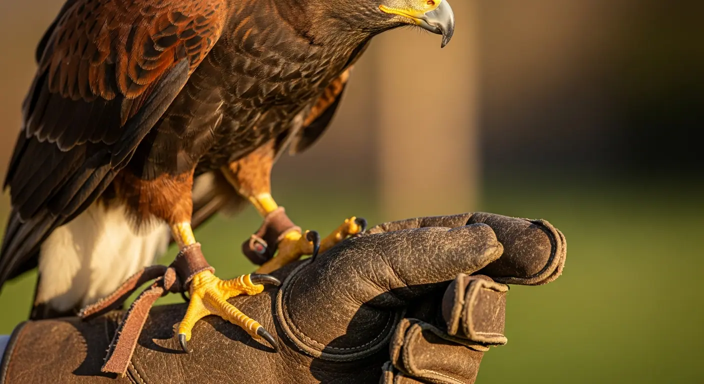 Close-up of a Harris Hawk perched on a traditional leather falconry glove