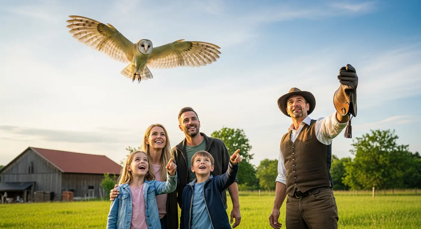 Family watching a barn owl take flight during a falconry session