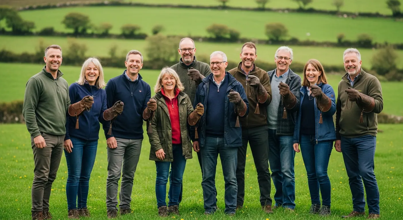 Cheerful group of adults smiling after a falconry experience in Ireland