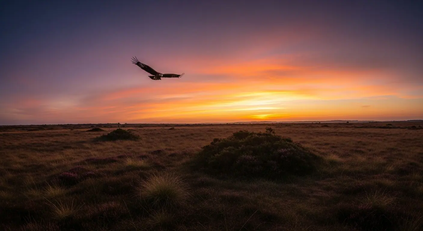 Open bogland in Co. Offaly at sunrise with an eagle soaring above