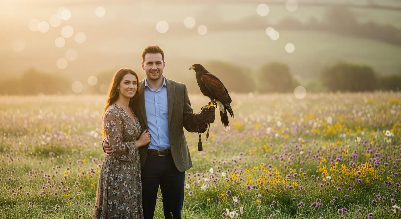 Couple posing with a hawk during a special celebration falconry event in Ireland