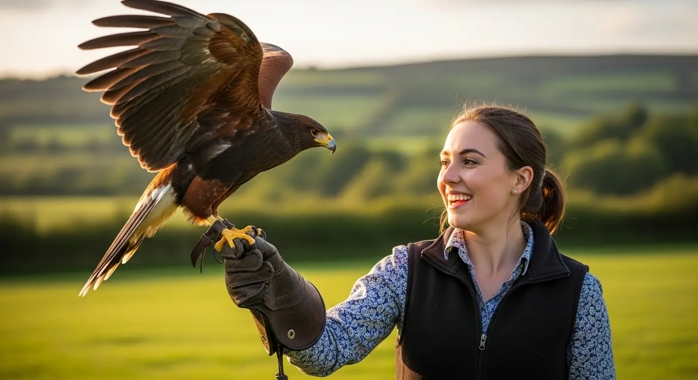 Young woman flying a Harris hawk on her gloved arm in an Irish meadow