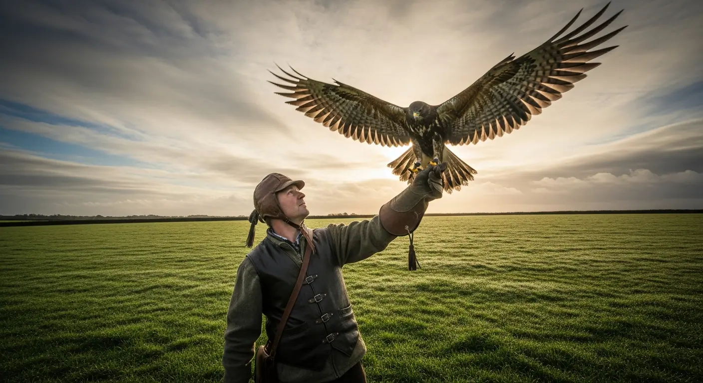 Falconer releasing a hawk in an Irish green field