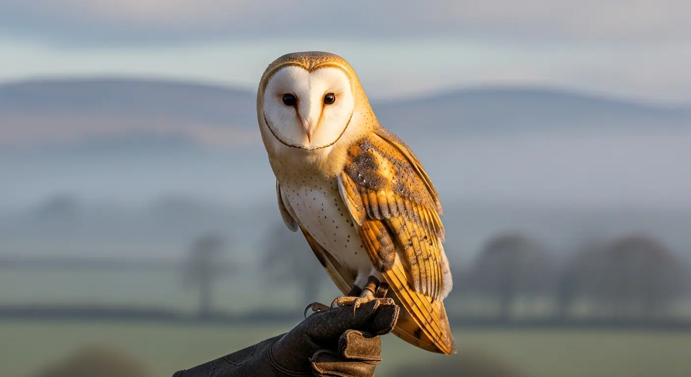 Barn owl perched on a falconer's glove