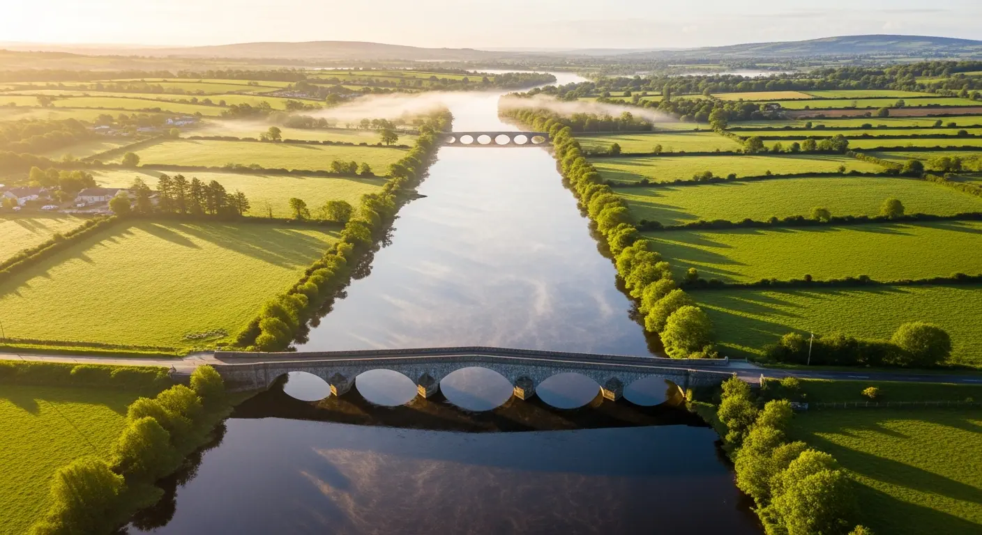 Aerial view of Shannonbridge and the Shannon River in County Offaly, Ireland