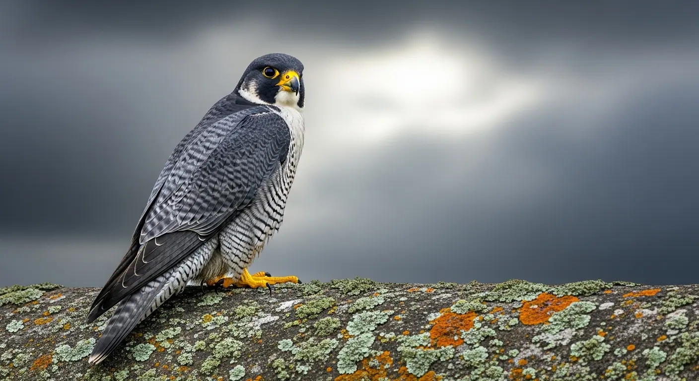 A peregrine falcon perched on a stone wall
