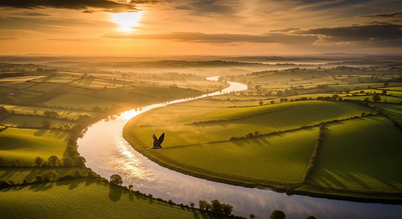 The River Shannon winding through green Irish meadows with a falcon in flight