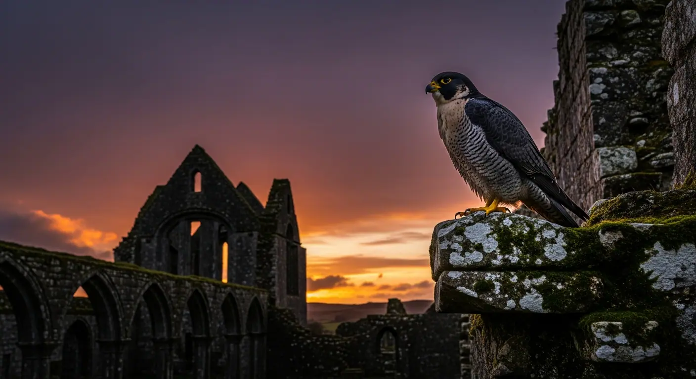 Peregrine falcon perched on ancient Irish monastic ruins at dusk