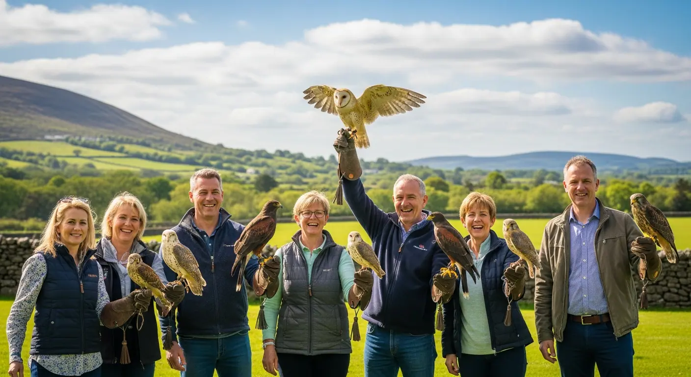 Group of people enjoying a private falconry session in the Irish countryside