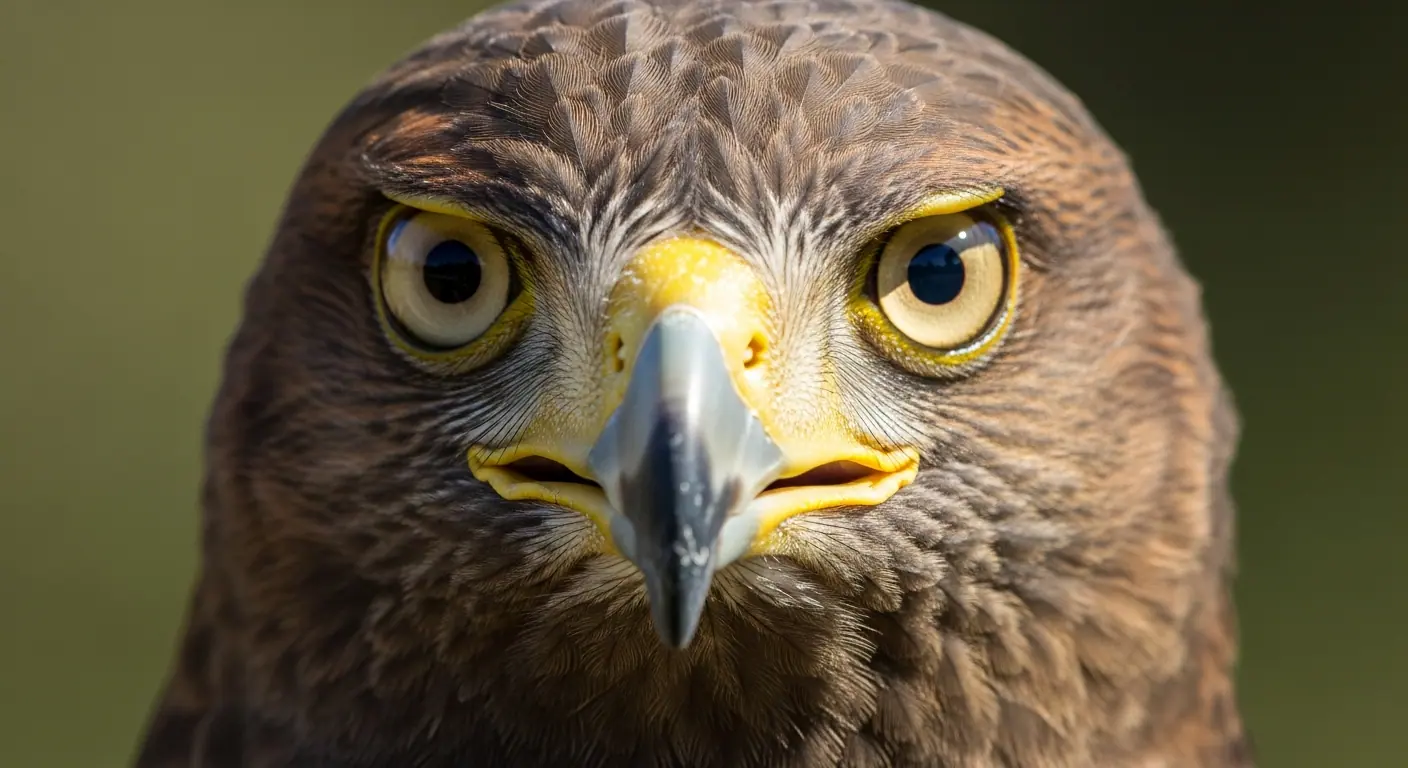 Close-up of a Harris hawk's eye and feathers showing rich brown and amber detail