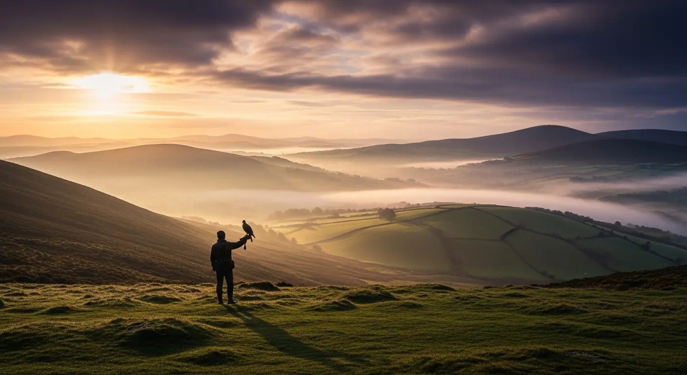 Silhouette of a falconer with a hawk against a misty Irish landscape at golden hour