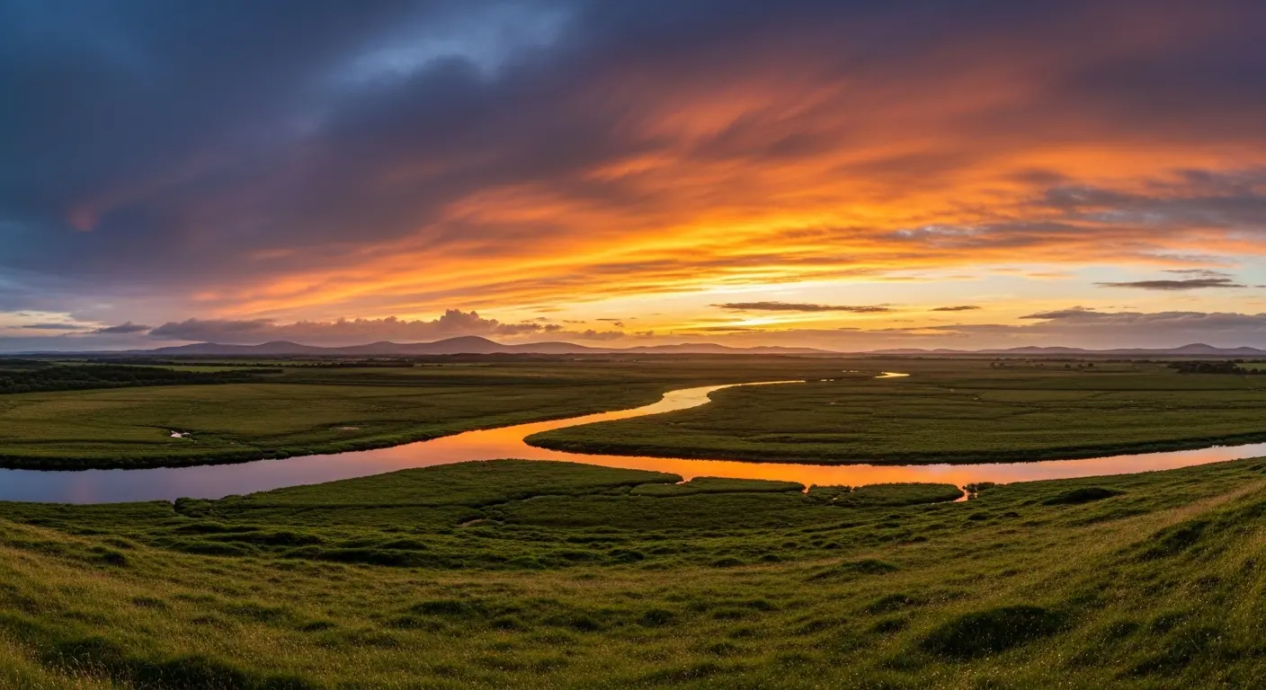 Panoramic view of the River Shannon and Irish Midlands at golden hour