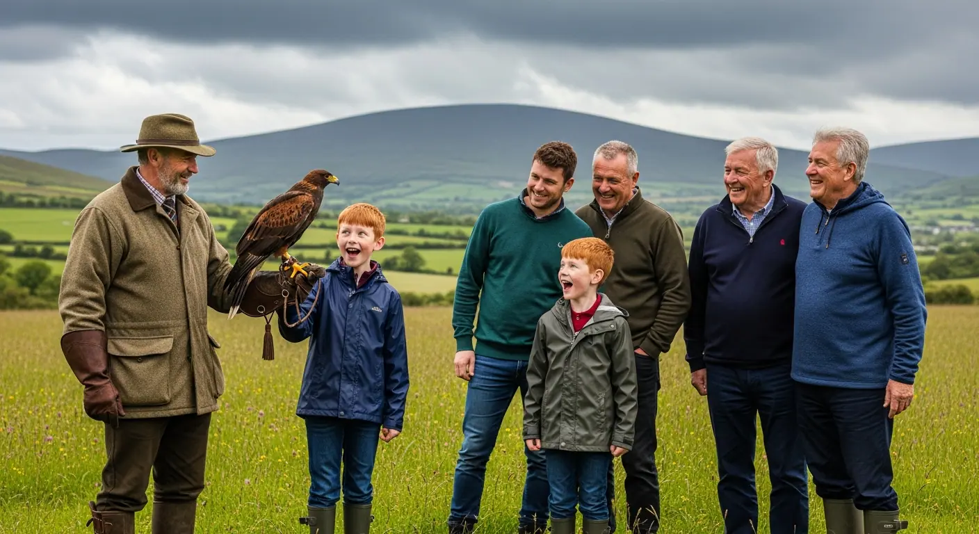 Family enjoying a falconry session with a hawk on a child's gloved hand in an Irish field