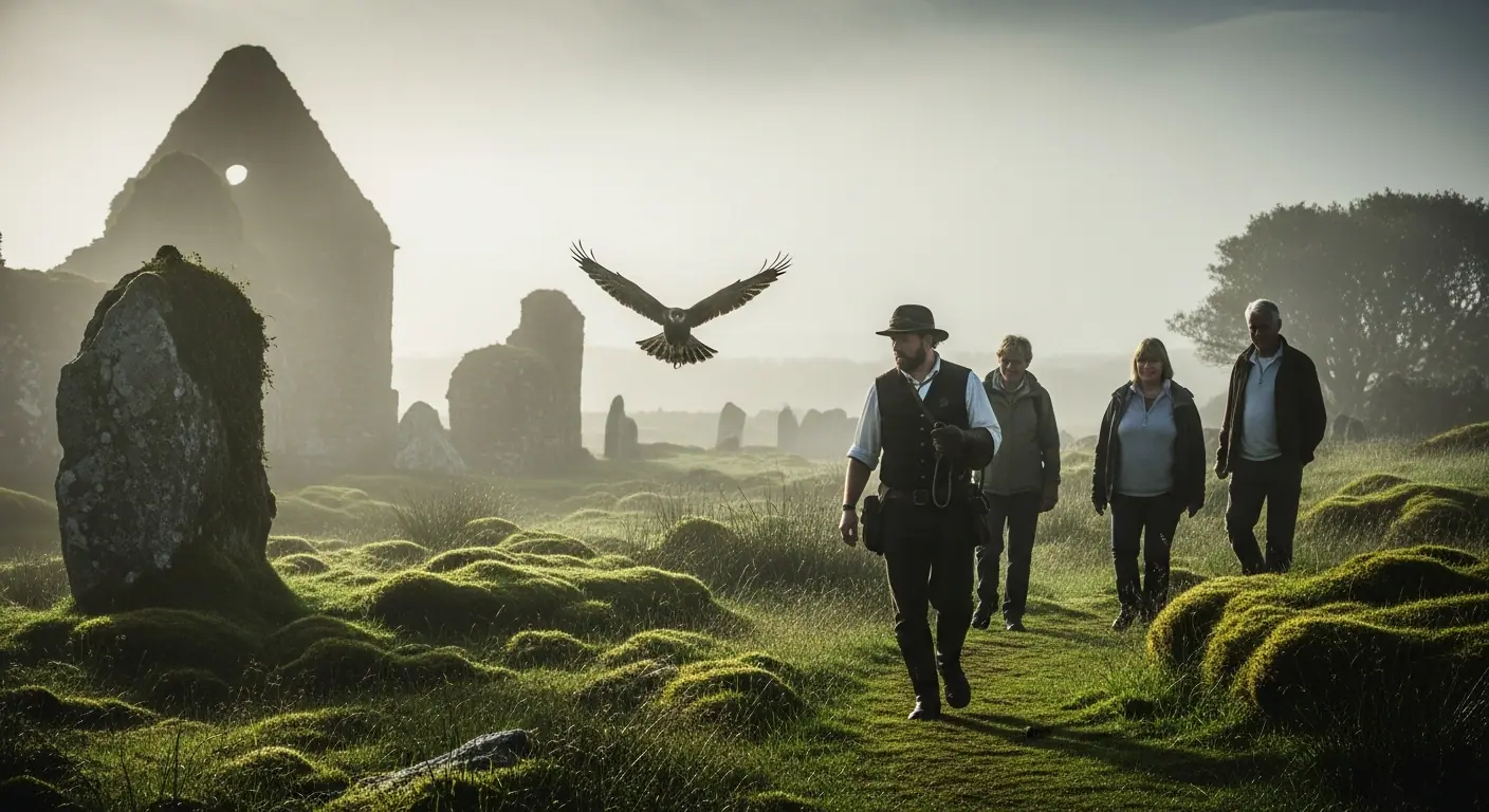 Falconer and visitors on a heritage walk through an Irish landscape