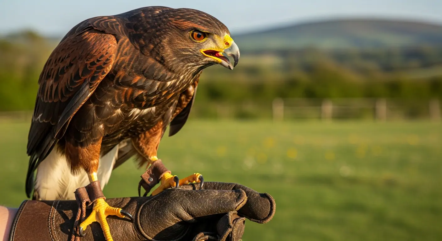 Harris hawk perched on a falconer's leather glove in an Irish meadow
