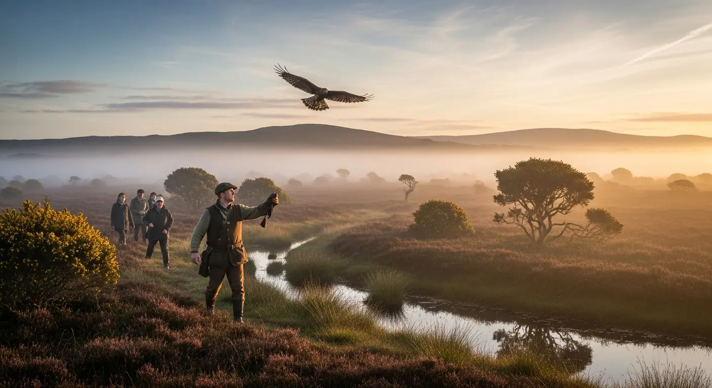 A group on a falconry heritage walk through the Irish landscape