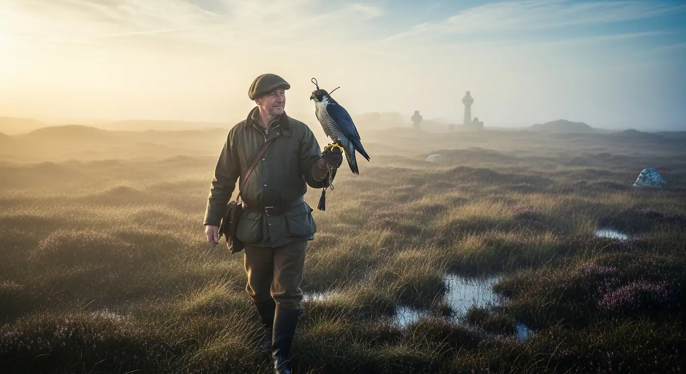 Falconer with a peregrine falcon on a heritage walk through the Irish landscape