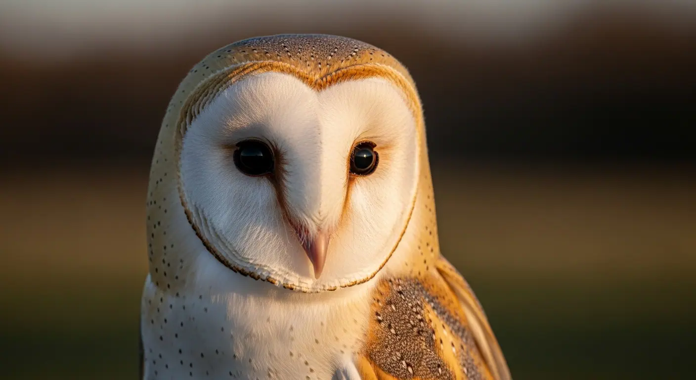 Close-up portrait of a barn owl with white and golden feathers